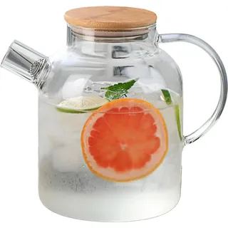 Wasserkrug 1800ml Glaskrug mit Filter Schneebesen Holzdeckel Hitzebeständig Getränke Serviergeschirr für Getränke Tee Kaffee