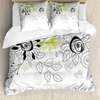 ABAKUHAUS Blume Bettbezug, Wilde Feld Pflanzen, Milbensicher Allergiker geeignet mit Kissenbezügen, 155 cm x 220 cm - 80 x 80 cm, Schwarz Naturfarben Grün - Schwarz