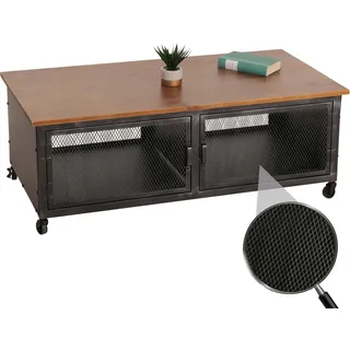 Couchtisch HWC-N28, Sofatisch, Rollen 2 Fächer, 3D-Struktur Industrial Retro Metall Holz 45x120x60cm  schwarz, braun - Braun