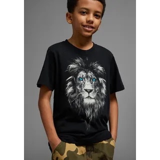 T-Shirt KIDSWORLD "Mit Löwenprint: LION WITH BLUE EYES", Jungen, Gr. 164/170, schwarz, Jersey, Obermaterial: 100% Baumwolle, bedruckt, Basic, Rundhals, Shirts T-Shirt, Kurzarm, Basic-Passform, mit trendigem Druck, Rundhalsausschnitt, Topseller
