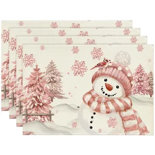 Artoid Mode Rosa Schneemann Weihnachten Platzsets 4er Set, 30x45cm Winter Xmas Tischset Waschbar Platzdeckchen Küche Party Deko