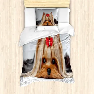 ABAKUHAUS Yorkie Mantele, Liegender Hund Ribbon Liebe, Milbensicher Allergiker geeignet mit Kissenbezügen, 135 cm x 200 cm - 80 x 80 cm, Pale Caramel Sand Braun - Braun