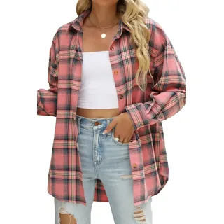 CHYRII Damen Button-Down-Flanell-Hemden, langärmelig, kariert, Business, Freizeit, Bluse, Pink -7122, Klein