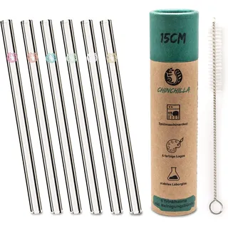 Chinchilla Trinkhalm-DUO kurz & lang (15cm & 23cm) | 6er-Pack Glasstrohhalme Transparent mit Logo | Wiederverwendbar, plastikfrei & BPA-frei | inkl. Aufbewahrung & Reinigungsbürste