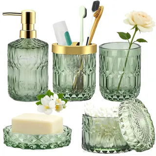 5 Stück Grünes Glas Badezimmer Zubehör Set, Moderne Seifenspender Set, Seifenschale, Zahnbürstenhalter, Wattestäbchen Kanister, Becher, Luxuriöses Badezimmer Deko Set, Vintage Geschenk, Grün