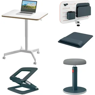 Leitz Ergo Compact Workstation Pro - Work Anywhere, Mobiler Sitz-/Steh-Schreibtisch, Höhenverstellbares & ergonomisches Stehpult mit Rollen im Set mit 4 Leitz Ergo Produkten, Für Büro & Desk Sharing