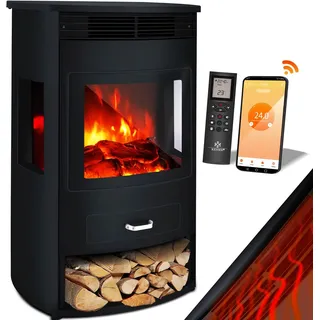 KESSER® Prio Elektrokamin mit Heizung Heizlüfter Fernbedienung WiFi App 950/1900 W Kamin elektrisch LED-Flammeneffekt Kaminfeuer Elektro Kamin mit Thermostat Panorama-Sichtfenster Heizfunktion Timer - Schwarz