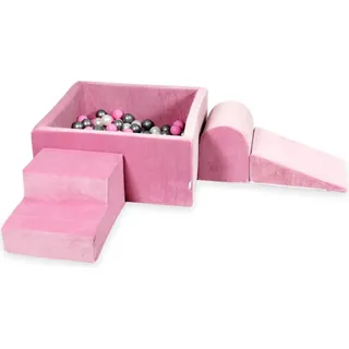 Schaumstoffspielplatz mit quadratischem Pool 90x90x40 Samtweiches Rosa + 400 Bälle: Perle, Silber, Puderrosa