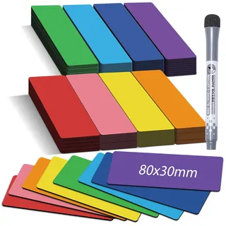 BIROYAL 50Stk Magnetstreifen Beschreibbar - 8X3cm Whiteboard Magnete zum Beschriften - Magnetschilder zum Beschriften für Magnettafel Kühlschrank Metallschrank - Whiteboard zubehör - inkl. 1 Marker