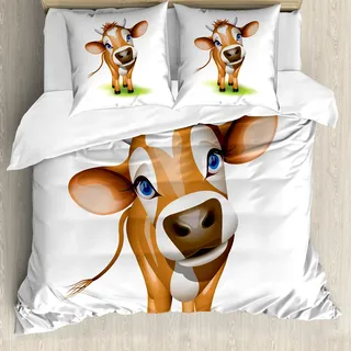 ABAKUHAUS Baby Bettbezug, Kuh mit blauen Augen Gras, Milbensicher Allergiker geeignet mit Kissenbezügen, 155 cm x 220 cm - 80 x 80 cm, Royal Blue Cinnamon - Blau