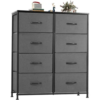 NEWBULIG Kommode Mit 8 Schubladen,Truhenturm Mit Leicht Ausziehbaren Stoffbehältern,Hölzerne Oberseite Stabilem Stahlrahmen,Organisatorische Aufbewahrung Für Wohnzimmer,Redroom,Schrank,Flur,Grau