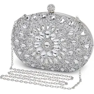 Unyqoos® Abend-Clutch mit Strass & Kettenriemen, handgefertigte Verzierung, Satin-Futter, 20 x 6 x 15 cm, 0,3 kg – elegante Handtasche für Hochzeit & Party - Silber
