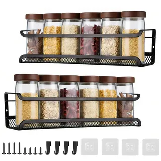 Sayudar Gewürzregal Wand Ohne Bohren im 2er Set - Stabil mit Netz-Boden & Fallschutz, Gewürzregal Kleben für Schranktür & Speisekammer, Wandregal Küche Schwarz inkl. Zubehör, Metall, 29 x 7 x 7 cm