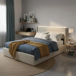 HOME DELUXE LED Bett – 140 x 200 cm, Beige | Polsterbett mit Beleuchtung und Stauraum - Beige