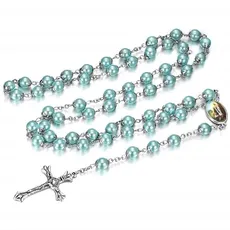 BOBIJOO JEWELRY - Chapelet Lourdes Rosaire Dizainier Perle Bleu Aigue-Marine Médaille Croix Vierge Marie