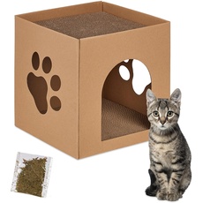 Relaxdays Katzenhaus Pappe, Katzenhöhle mit Kratzbrett, zum Zusammenbauen, inkl. Katzenminze, HBT: 30x30x30,5 cm, braun, 100%, Hellbraun, 30 x 30 x 30.5 cm