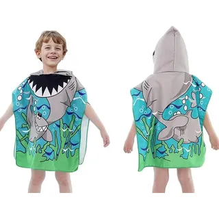 Sumneo Kinder Badetuch mit Kapuze – 100% Baumwolle, Poncho Strandtuch für Mädchen & Jungen, Weiches Saunatuch mit Motiv, Ideal als Bademantel Ersatz für Baby & Kleinkind (3-12 Jahre) (Weißer Hai)