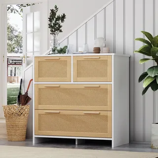 Merax Kommode mit Rattandekor, Sideboard mit 3 Klappen, Tür und Schublade, Schuhschrank Schuhkipper Schrank, 90x125x17cm, Natur