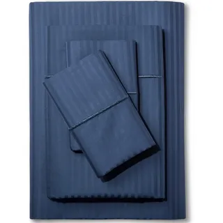 Feather & Stitch California King Size Damast-Bettwäsche-Set, 100% Baumwolle, weich, atmungsaktiv, 4-teilig, 45,7 cm Tiefe Taschen, Satingewebe, gestreift, Matratze, Resort-Hotel, Dunkelblau