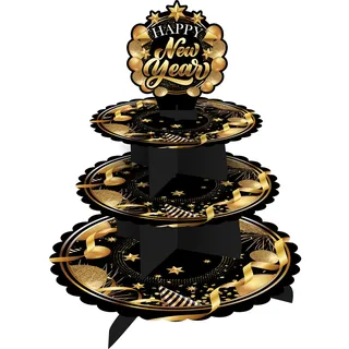 FIESTAS GUIRCA | Party Etagere Silvester - Dreistöckig - Gold Schwarz | Mit Topper | Aus Karton | 40X30 cm | Happy New Year Motiv | Silvester, Neujahr, Party