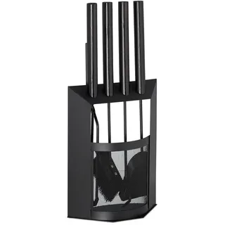 Relaxdays Kaminbesteck Schwarz 5-teilig mit Ständer , Metall, Holz , 28.5x61x16 cm , Elektrogeräte, Heizgeräte, Elektrokamine