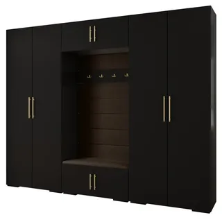 Abiks Möbel Garderoben-Set 236,7/300/47 , Schwarz, Braun, Goldfarben , Metall , Nachbildung , 18 Fächer , 300x236.7x47 cm , Garderobe, Garderoben-Sets & Garderoben-Serien, Garderoben-Sets