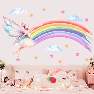 HGDESIGN® Wandtattoo Wandaufkleber Fee Elfe Pilz Blumen Regenbogen Einhorn Wandsticker Wandbild Kinderzimmer Babyzimmer Schlafzimmer Kind Baby Mädchen Wanddeko (F)