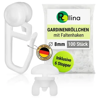 Rollina Gardinenhaken Set Ø 8mm + 6 Feststeller | Röllchen für 4mm Schiene | Gardinengleiter in Standardgröße | Stabile Vorhanghaken für Gardinenschienen mit 4mm Schlitz | Vorhang Haken mit Stopper