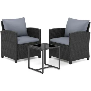 FANTASK Rattan Gartenmöbel 3er Set, Balkonmöbel inkl. 2 Rattanstühle & Gartentisch aus PE-Rattan, Gartenlounge Set mit abnehmbaren Kissen, Outdoor Sitzgruppe für Garten Pool (Schwarz-Grau)