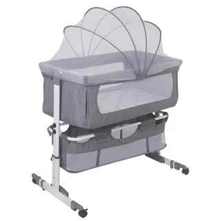 Babybett 3-in-1 - Beistellbett zum Co-Sleeping - Verstellbare Höhe - Inklusive Matratze - Moskitonetz - Mit Rollen mobil - Für 1–2 Jahre - Grau