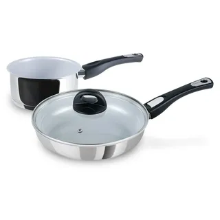 Genius Cerafit Steel Kochgeschirr-Set 3-tlg., Edelstahl-Pfanne Induktion 24 cm, Antihaft, Glasdeckel, Stielkasserolle 16 cm, für alle Herdarten - Silber