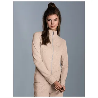 Sweatjacke TRIGEMA "TRIGEMA Jacke veredelt mit Kristallsteinen", Damen, Gr. S, sand, melange, Single Jersey, 95% Baumwolle, 5% Elastan, lang, ohne Ausschnitt, Sweatjacken Sweatjacke