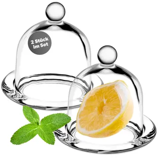 KADAX 2 Stück Zitronenbehälter mit Deckel, Glasbehälter mit Teller, Frischhaltedose für Zitrone, Tomate, Glasglocke, Kuchenglocke aus hochqualitativem Glas, rund, transparent