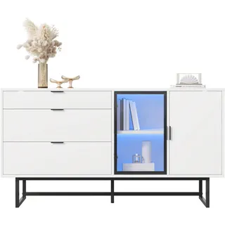 Stilvora Sideboard in Weiß Kommode mit 3 Schubladen, Glastüren und LED-Lichtleiste für Esszimmer und Wohnzimmer, B160T36/H78cm , Metall , 2 Fächer , Rechteckig , eckig , 160x78x36 cm , Kleinmöbel, Kommoden, Sideboards