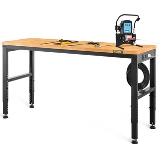 Vevor Verstellbare Werkbank, 48" L x 20" B x 38,1" H Garagentisch mit 28,3"-38,1" Höhe und 2000 lbs Tragkraft, mit Steckdosen und Hartholzplatte und Metallrahmen und Fußpolstern