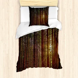 ABAKUHAUS Wald Mantele, Redwood Forest Park USA, Milbensicher Allergiker geeignet mit Kissenbezügen, 135 cm x 200 cm - 80 x 80 cm, Redwood Gelb Grün - Grün