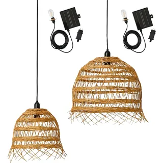 2 x Solar-Pendelleuchte, 2 x Hawaii, Long Solar, aus Polyrattan mit Hybridkabel, Netz- und Solarkabel, 5 m Länge