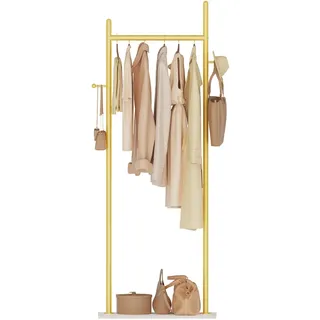 GUOHNHE Stabil Metall Garderobenständer, Große Freistehend Kleiderbügel Stand mit Rock Slab Base und 2 Haken, Modern Kleiderständer, Kleiderstange, 50 x 30 x 175 cm, Goldgelb, GYJ302MWJ