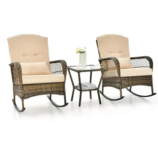 FANTASK 3-teilige Rattan Balkonset, Gartenmöbel Set mit Schaukelstühle und Tisch, Terrassenmöbel für Garten Balkon, Beige