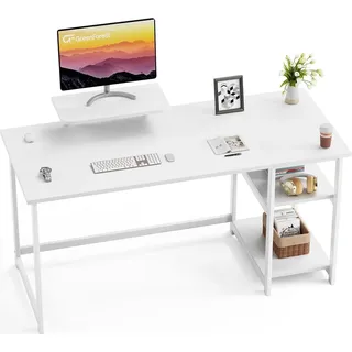 Schreibtisch mit Stauraum 140cm, Bürotisch PC Schreibtisch, Monitorständer, Home Office - Weiß