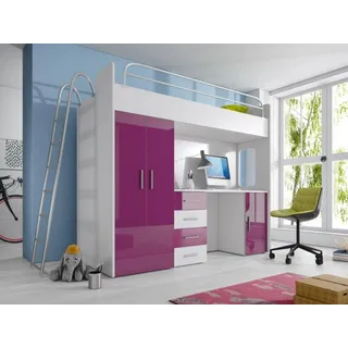 Lila Doppelstockbett Holz Etagen Bett Mädchen Hochglanz mit Schreibtisch Schrank - Lila, Weiß
