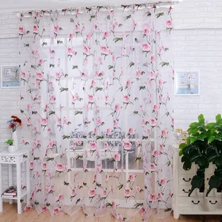 Gardinen Blumen mit stilvollem Rosen-Design, Transparent Kräuselband Gardinen 1 Stück für Wohnzimmer Schlafzimmer Kinderzimmer Landhaus, als Sichtschutz, Ausbrennergardine für Küche, 100x200cm