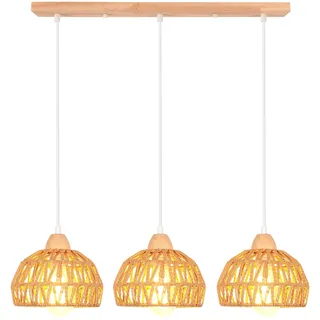 iDEGU Vintage Pendelleuchte 3-flammig Kronleuchter aus Holz Rattan Lampenschirm 20cm E27 Hängeleuchte Dekoration Retro Hängelampe für Esszimmer, Schlafzimmer, Wohnzimmer, Küche (Braun, Balken)