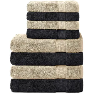 Komfortec 8er Handtuch Set aus 100% Baumwolle, 4 Badetücher 70x140 und 4 Handtücher 50x100 cm, Frottee, Weich, Towel, Groß, Schwarz/Beige