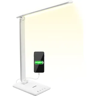 MONZANA® LED Schreibtischlampe USB Anschluss 3 Farb- 5 Helligkeitsstufen Touch Dimmbar Ladefunktion Tischlampe Büro Nachttischlampe Warmes Licht Weiß - Weiß