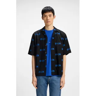 Kurzarmhemd HUGO BLUE "Eligino", Herren, Gr. S, N-Gr, schwarz (schwarz001), Web, Obermaterial: 100% Baumwolle, bedruckt, unifarben, relaxed fit hüftlang, V-Ausschnitt, abgesteppte Kante, Hemden Kurzarmhemd, mit Hugo-Logo-Print
