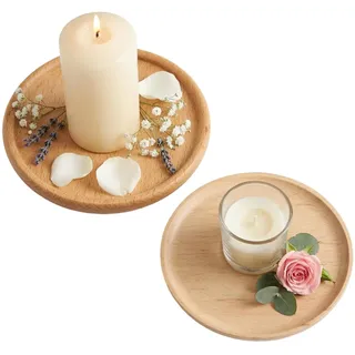 2er Set Kerzenständer Holz Deko Tablett, Tablett Rund Dekorativer Kerzenteller Holz 10cm, Rund Holztablett Vintage Kerzenteller, Stumpenkerzen Taufkerzen Unterteller Kerzen Teller/Kerzenhalter Holz