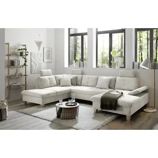Wohnlandschaft Ascot mit Cord-Bezug und Schlaffunktion in Creme, U-Form inkl. Kopfstützen, Bettkasten und Verstellbarer Armlehne - 324 x 107 x 218 cm (B/H/T)