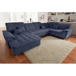 DOMO collection Wohnlandschaft »Franzi optional mit Bettfunktion, Bettkasten & Kopfteilverstellung« U-Form, Recamiere links, marine, B/T: 344/206 cm, blau