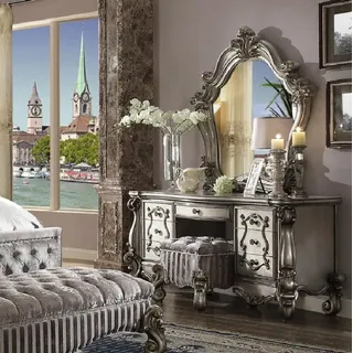 Klassischer Schminktisch Spiegel Luxus Konsole Kommode Schlafzimmer Barock neu - Silber